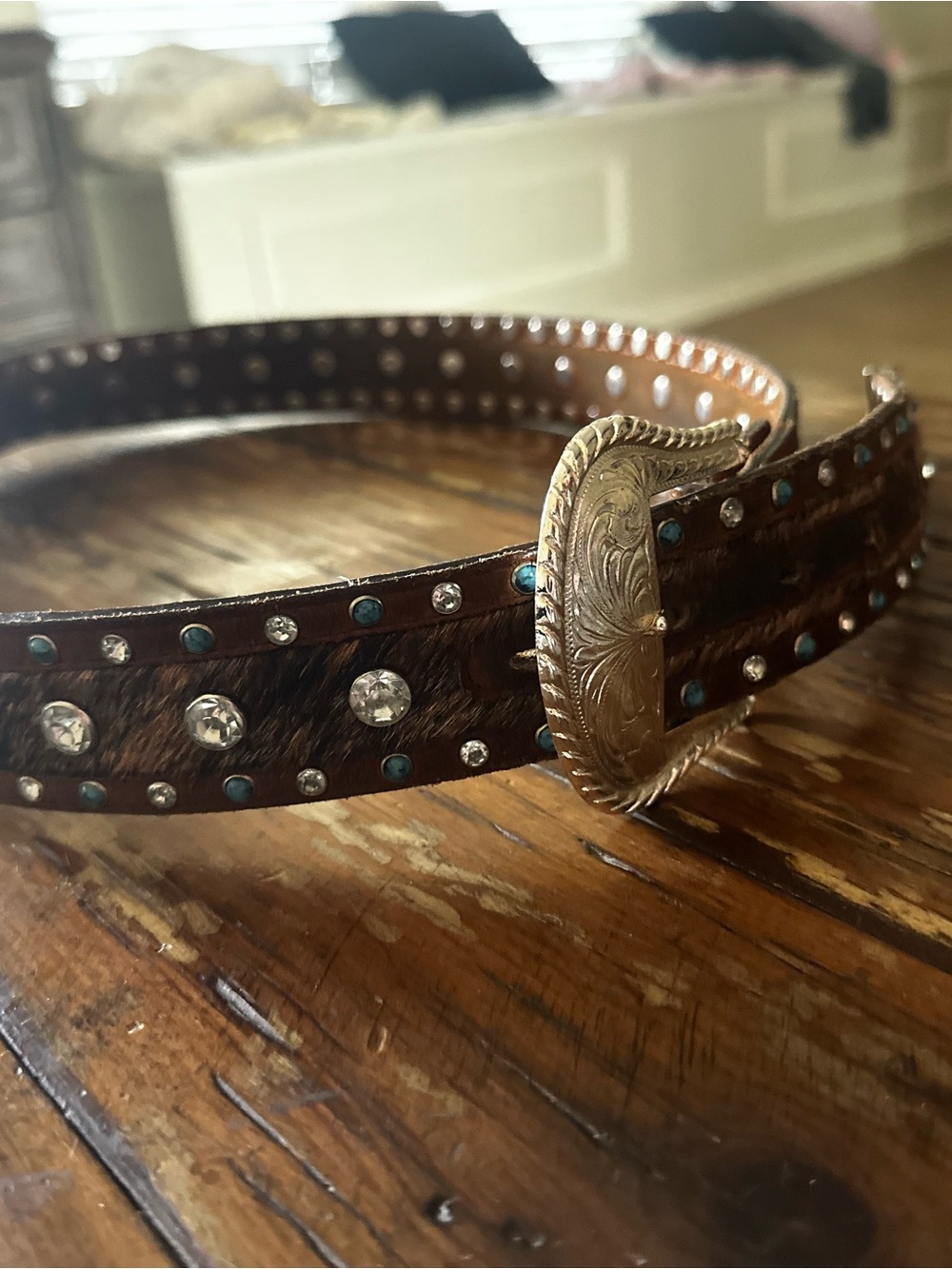 Justin Boots Brown Leather Belt with Turquoise and Clear Studs